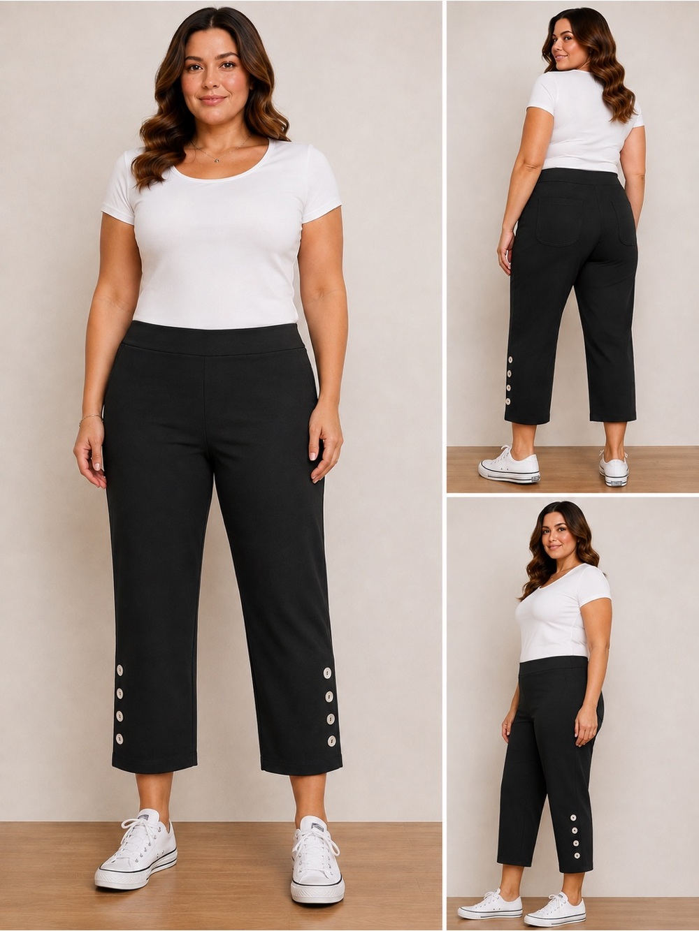 Classic Crop Button-Hem Pants - Black 68% Rayon elastic pants size large